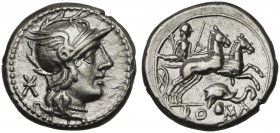 Elephant’s Head series, Denarius, Rome, 128 BC; AR (g 3,93; mm 18; h 6); Helmeted head of Roma r.; behind, *, Rv. Goddess in biga r., holding branch, ...