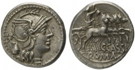 C. Cassius, Denarius, Rome, 126 BC; AR (g 3,83; mm 18; h 12); Helmeted head of Roma r.; behind, voting-urn and *, Rv. Libertas on quadriga r., holding...