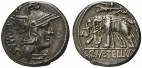 C. Metellus, Denarius, Rome, 125 BC; AR (g 3,94; mm 18; h 11); Helmeted head of Roma r.; behind, ROMA; before, *, Rv. Jupiter, crowned by flying Victo...