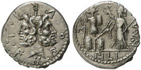 M. Furius L.f. Philus, Denarius, Rome, 119 BC; AR (g 3,92; mm 18; h 3); Laureate head of Janus; around, M FOVRI L F, Rv. Roma standing l., holding sce...