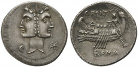 C. Fonteius, Denarius, Rome, 114 or 113 BC; AR (g 3,68; mm 20; h 12); Laureate and janiform head of Fontus; on l., control letter; on r., *, Rv. Ship ...