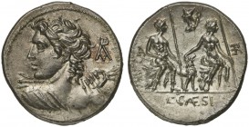 L. Caesius, Denarius, Rome, 112 or 111 BC; AR (g 3,88; mm 20; h 1); Togate bust of Apollon Veiovis l., holding thunderbolt; behind, monogram APV, Rv. ...