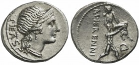 M. Herennius, Denarius, Rome, 108 o 107 BC; AR (g 3,88; mm 18; h 12); Head of Pietas r., wearing diadem; behind, PIETAS, Rv. One of the Catanaean brot...