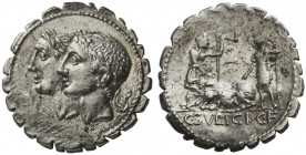 C. Sulpicius C.f. Galba, Denarius serratus, Rome, 106 BC; AR (g 3,86; mm 19; h 5); Jugate, laureate heads of Dei Penates l.; before, D P P, Rv. Two ma...