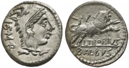L. Thorius Balbus, Denarius, Rome, 105 BC; AR (g 3,91; mm 19; h 6); Head of Juno Sospita r., wearing goat-skin; behind, downwards, I S M R, Rv. Bull c...