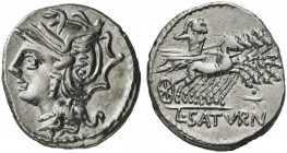 L. Appuleius Saturninus, Denarius, Rome, 104 BC; AR (g 3,96; mm 19; h 1); Helmeted head of Roma l., Rv. Saturn in quadriga r., holding reins and harpa...