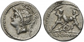Q. Minucius Thermus M.f., Denarius, Rome, 103 BC; AR (g 3,96; mm 19; h 3); Helmeted head of Mars l., Rv. Roman soldier fighting barbarian soldier in p...