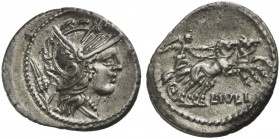 L. Julius, Denarius, Rome, 101 BC; AR (g 3,70; mm 20; h 7); Helmeted head of Roma r.; behind, corn ear, Rv. Victory in biga r., holding reins; below, ...