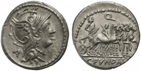 C. Fundanius, Denarius, Rome, 101 BC; AR (g 3,97; mm 18; h 6); Helmeted head of Roma r.; behind, control mark, Rv. Triumphator in quadriga r., holding...