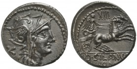 D. Junius Silanus L.f., Denarius, Rome, 91 BC; AR (g 3,85; mm 17; h 3); Helmeted head of Roma r.; behind, control letter, Rv. Victory in biga r., hold...