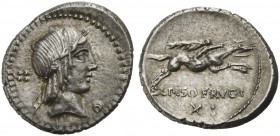 L. Calpurnius Piso L.f. L.n. Frugi, Denarius, Rome, 90 BC; AR (g 3,83; mm 20; h 6); Laureate head of Apollo r.; behind, control symbol; before, contro...