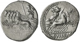 C. Vibius C.f. Pansa, Denarius, Rome, 90 BC; AR (g 3,91; mm 19; h 4); Minerva in quadriga l., holding reins, spear and trophy; in ex. PANSA, Rv. Miner...