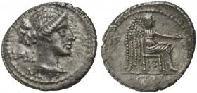 M. Porcius Cato, Denarius, Rome, 89 BC; AR (g 3,83; mm 19; h 2); Draped female bust r.; behind, ROMA; below, M CATO, Rv. Victory seated r., holding pa...