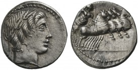 GAR, OGVL, VER series, Denarius, Rome, 86 BC; AR (g 4,05; mm 18; h 5); Head of Apollo r., wearing oak-wreath; below, thunderbolt, Rv. Jupiter in quadr...