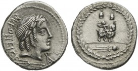 Mn. Fonteius C.f., Denarius, Rome, 85 BC; AR (g 3,81; mm 20; h 7); Laureate head of Apollo Veiovis r.; below, thunderbolt; behind, MN FONTEI C F; befo...