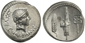 C. Norbanus, Denarius, Rome, 83 BC; AR (g 3,93; mm 20; h 9); Head of Venus r.; below, C NORBANVS; behind, control numeral, Rv. Corn ear, fasces with a...