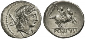 P. Crepusius, Denarius, Rome, 82 BC; AR (g 3,77; mm 17; h 6); Laureate head of Apollo r.; behind, sceptre and control letter; before, control symbol, ...