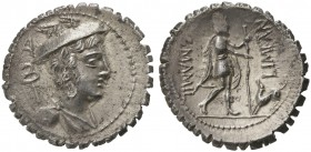 C. Mamilius Limetanus, Denarius serratus, Rome, 82 BC; AR (g 4,08; mm 20; h 5); Draped bust of Mercury r., wearing winged petasus; behind, caduceus an...