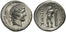 L. Marcius Censorinus, Denarius, Rome, 82 BC; AR (g 3,81; mm 18; h 5); Laureated head of Apollo r., Rv. Marsyas walking l., holding wine-skin over sho...