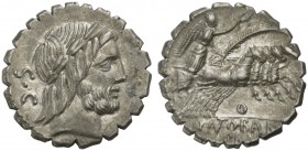 Q. Antonius Balbus, Denarius serratus, Rome, 83-82 BC; AR (g 3,64; mm 17; h 5); Laureate head of Jupiter r.; behind, S C, Rv. Victory on quadriga r., ...