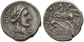 C. Servilius Vatia, Denarius, Rome, 82-80 BC; AR (g 3,89; mm 17; h 3); Laureate head of Apollo r.; behind, B and lituus; before, *; below, ROMA, Rv. H...