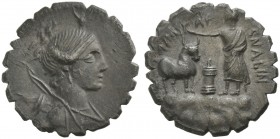 A. Postumius A.f. Sp.n. Albinus, Denarius serratus, Rome, 81 BC; AR (g 3,81; mm 18; h 5); Draped bust of Diana r., with bow and quiver over shoulder; ...
