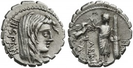 A. Postumius A.f. Sp.n. Albinus, Denarius serratus, Rome, 81 BC; AR (g 3,81; mm 18; h 6); Veiled head of Hispania r.; behind, HISPAN, Rv. Togate figur...