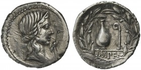 Q. Caecilius Metellus Pius, Denarius, North Italy, 81 BC; AR (g 3,99; mm 19; h 1); Diademed head of Pietas r.; before, stork, Rv. Jug and lituus; in e...