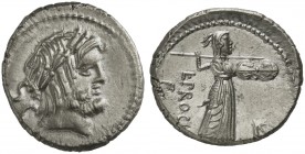 L. Procilius f., Denarius, Rome, 80 BC; AR (g 3,74; mm 19; h 3); Laureate head of Jupiter r.; behind, S C, Rv. Juno Sospita r., holding spear and shie...