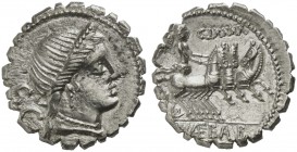 C. Naevius Balbus, Denarius serratus, Rome, 79 BC; AR (g 4,03; mm 18; h 5); Diademed head of Venus r.; behind, S C, Rv. Victory in triga r., holding r...