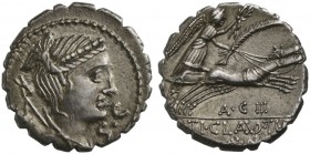 Ti. Claudius Ti.f. Ap.n., Denarius serratus, Rome, 79 BC; AR (g 3,96; mm 18; h 8); Draped bust of Diana r., with bow and quiver over shoulder; before,...