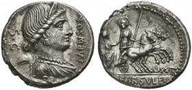 L. Farsuleius Mensor, Denarius, Rome, 75 BC; AR (g 3,74; mm 19; h 5); Diademed and draped bust of Libertas r.; behind, pileus and S C; before, MENSOR,...