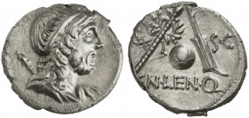 Cn. Cornelius Lentulus, Denarius, Spanish mint (?), 76-75 BC; AR (g 3,76; mm 18; h 5); Draped bust of Genius Populi Romani r., with sceptre over shoul...