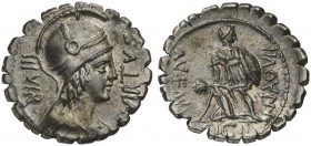 Mn. Aquillius Mn.f. Mn.n., Denarius serratus, Rome, 71 BC; AR (g 3,93; mm 20; h 6); Helmeted and draped bust of Virtus r.; before, VIRTVS; behind, III...