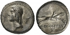 C. Calpurnius Piso L.f. Frugi, Denarius, Rome, 67 BC; AR (g 3,68; mm 19; h 6); Head of Apollo r., hair tied with band; behind, control symbol, Rv. Hor...