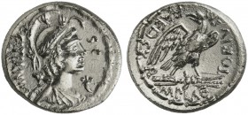 M. Plaetorius M.f. Cestianus, Denarius, Rome, 67 BC; AR (g 3,76; mm 18; h 6); Draped bust r., with attributes of Isis, Minerva, Apollo, Diana and Vict...