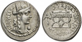 M. Plaetorius M.f. Cestianus, Denarius, Rome, 67 BC; AR (g 3,92; mm 19; h 6); Head of Cybele r.; behind, forepart of lion and CESTIANVS; before, globe...