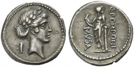 Q. Pomponius Musa, Denarius, Rome, 66 BC; AR (g 3,29; mm 18; h 4); Laureate head of Apollo r.; behind, scroll in its carrying case, Rv. Clio, the muse...