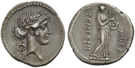 Q. Pomponius Musa, Denarius, Rome, 66 BC; AR (g 3,86; mm 18; h 3); Laureate head of Apollo r.; behind, wreath, Rv. Erato, the muse of erotic poetry, s...