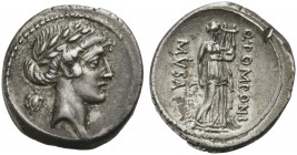 Q. Pomponius Musa, Denarius, Rome, 66 BC; AR (g 4,00; mm 19; h 5); Laureate head of Apollo r.; behind, tortoise, Rv. Terpsichore, the muse of dance, s...