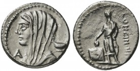 L. Cassius Longinus, Denarius, Rome, 63 BC; AR (g 3,89; mm 19; h 2); Head of Vesta l., wearing veil and diadem; behind, dish; before, control letter, ...