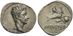 Augustus (27 BC - AD 14), Denarius, Spain: Colonia Patricia (?), ca. 18-16 BC; ; Bare head r., Rv. Capricorn r., holding globe attached to rudder and ...