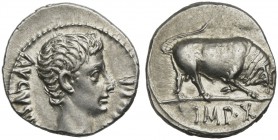 Augustus (27 BC - AD 14), Denarius, Lugdunum, 15-13 BC; AR (g 3,81; mm 18; h 8); AVGVSTVS - DIVI F, bare head r., Rv. Bull butting r.; in ex. IMP X. R...