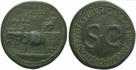 Divus Augustus, Sestertius struck under Tiberius, Rome, 36-37 BC; AE (g 25,46; mm 34; h 6); DIVO / AVGVSTO / S P Q R, quadriga of elephants l. with ri...