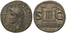 Divus Augustus, As struck under Tiberius, Rome, ca. AD 22-30; AE (g 11,13; mm 28; h 6); DIVVS AVGVSTVS PATER, radiate head l., Rv. Altar enclosure wit...