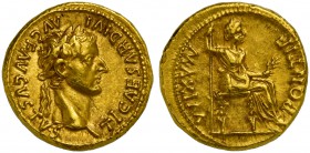 Tiberius (14-37), Aureus, Lugdunum, AD 14-37; AV (7,75; mm 18; h 1); TI CAESAR DIVI - AVG F AVGVSTVS, laureate head r., Rv. PONTIF - MAXIM, Livia-Pax ...