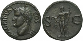 Agrippa, As struck under Gaius, Rome, AD 37-41; AE (g 10,57; mm 28; h 6); M AGRIPPA L - F - COS III, head l., wearing rostral crown, Rv. Neptune cloak...