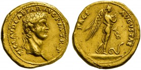 Claudius (41-54), Aureus, Rome, AD 41-42; AV (g 7,67; mm 19; h 9); TI CLAVD CAESAR AVG P M TR P, laureate head r., Rv. PACI – AVGVSTAE, winged Pax-Nem...