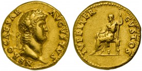 Nero (54-68), Aureus, Rome, ca. AD 64-65; AV (g 7,32; mm 18; h 5); NERO CAESAR - AVGVSTVS, laureate head r., Rv. IVPPITER - CVSTOS, Jupiter seated l.,...