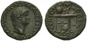 Nero (54-68), Semis, Rome, ca. AD 64; AE (g 3,89; mm 17; h 6); NERO CLAVDIVS CAESAR AVG GERMA, bare head r., RV. CERT QVINQ ROM CO, table bearing urn ...